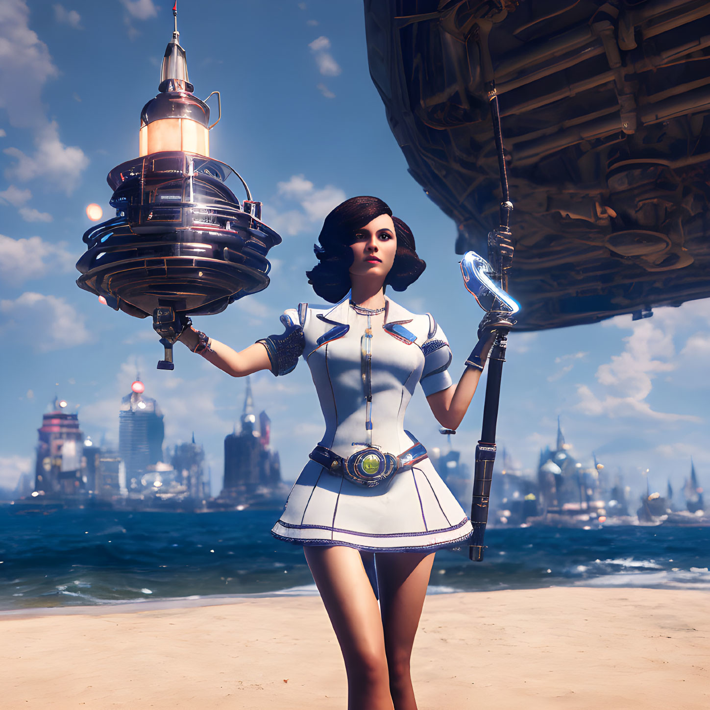 Futuristic woman in white and blue outfit with wrench, cityscape background