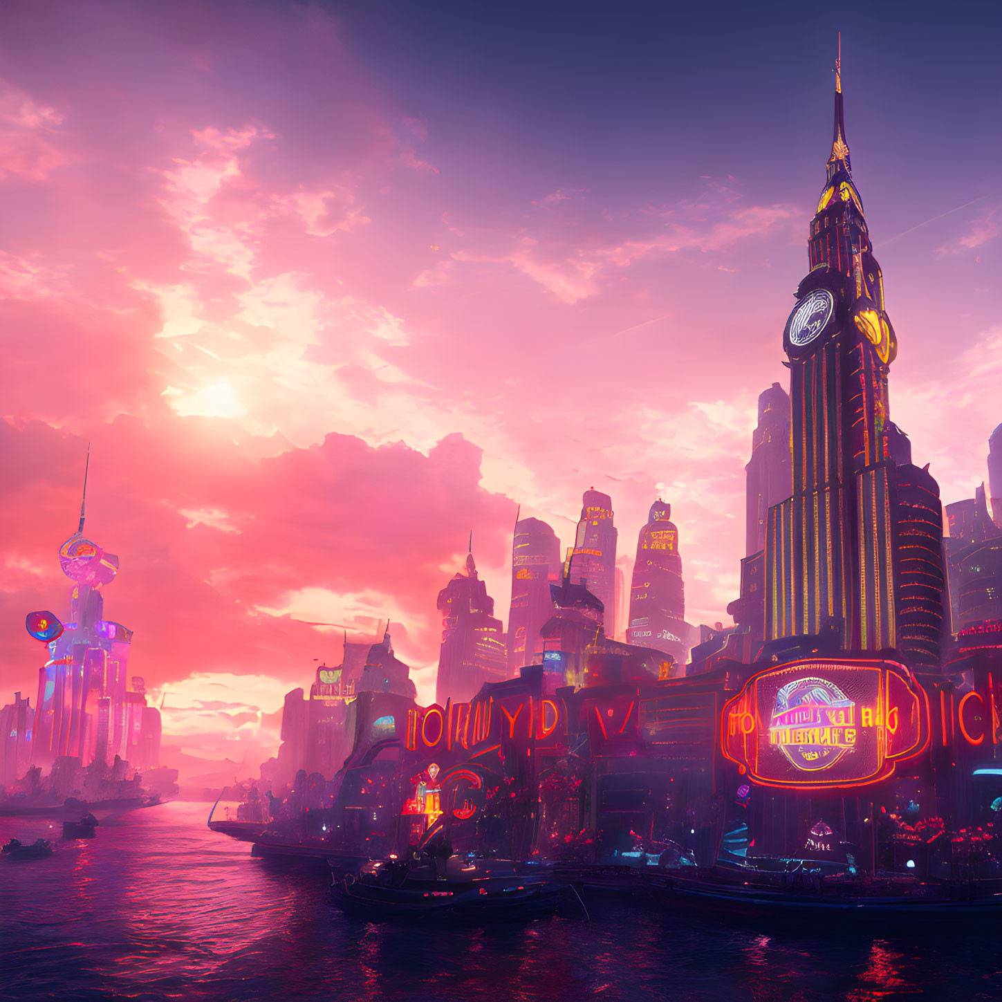 Futuristic sunset cityscape with skyscrapers, neon signs, and cyberpunk vibe