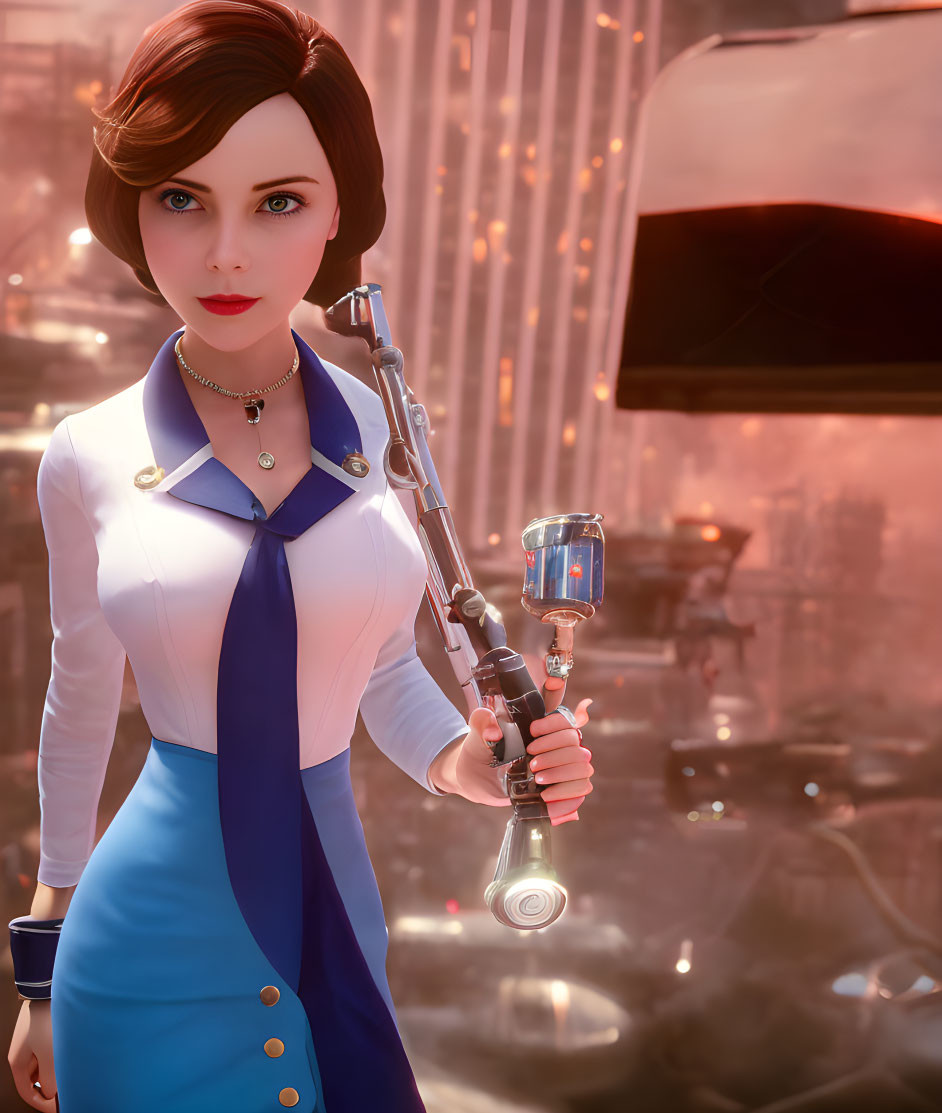 Stylized 3D rendering of woman with bobbed hair in blue and white outfit holding futuristic