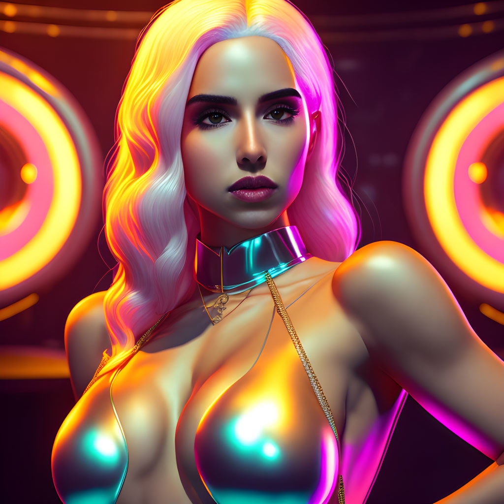 Futuristic digital art portrait with neon lighting and metallic clothing elements