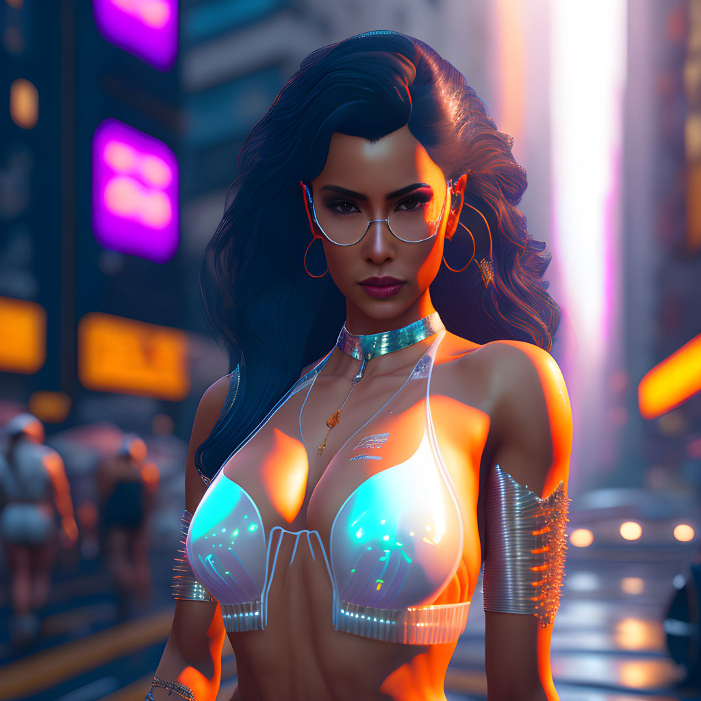 Stylized woman in glowing attire in neon-lit urban setting