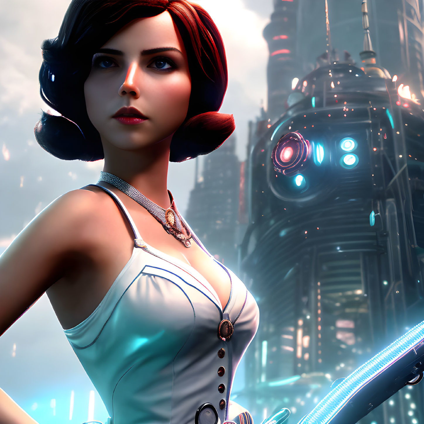 Stylized animated woman in futuristic setting with giant robot face