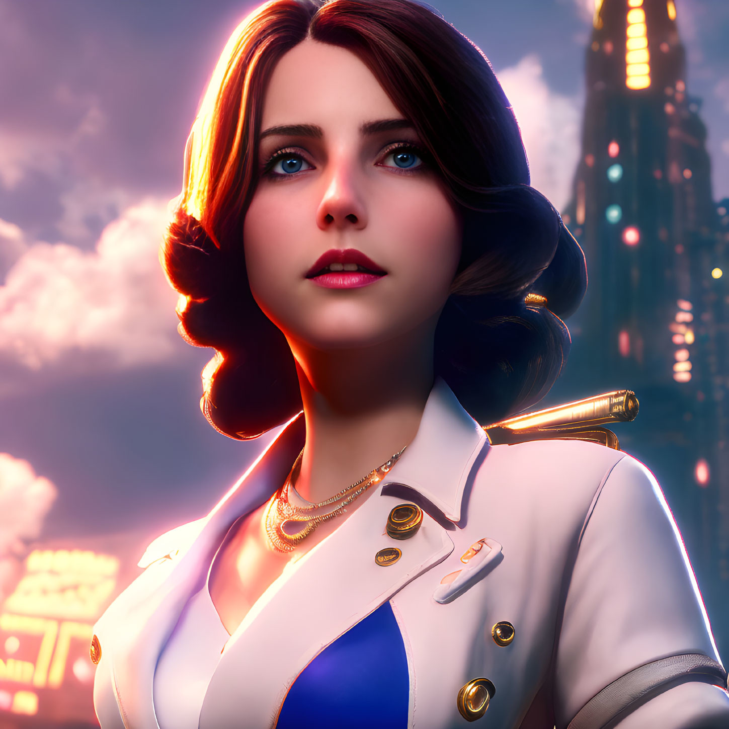 Digital Artwork: Woman with Blue Eyes and Brown Hair in White Jacket and Blue Dress on Neon City