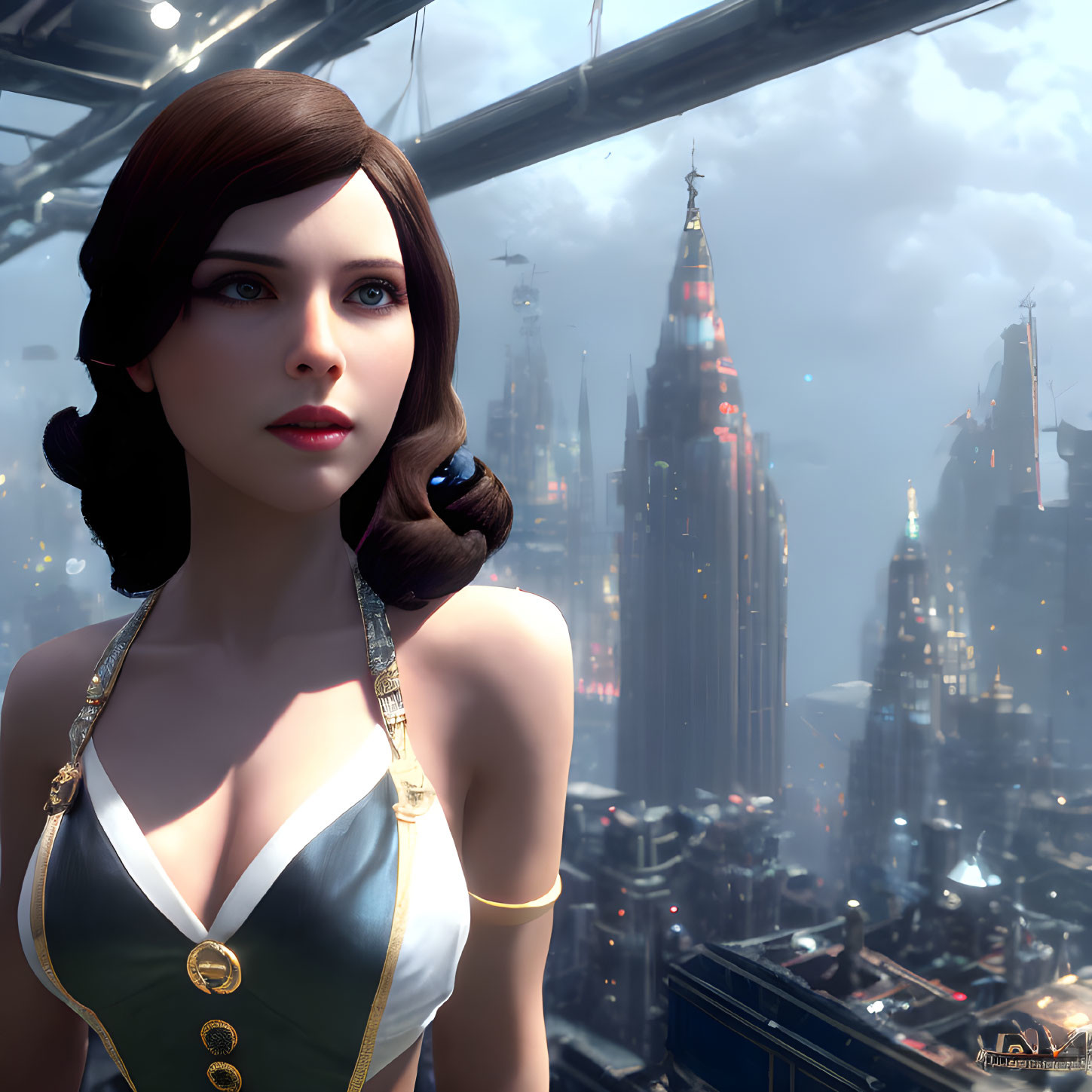 Digital artwork: Woman with brown hair and blue eyes in vintage dress against futuristic cityscape