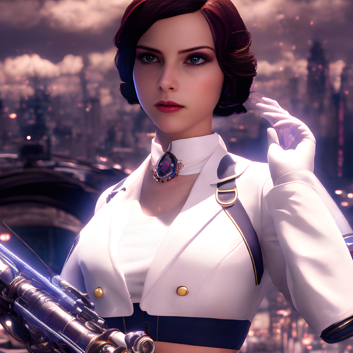 Stylized portrait of woman with bob haircut in white jacket and futuristic weapon against cityscape