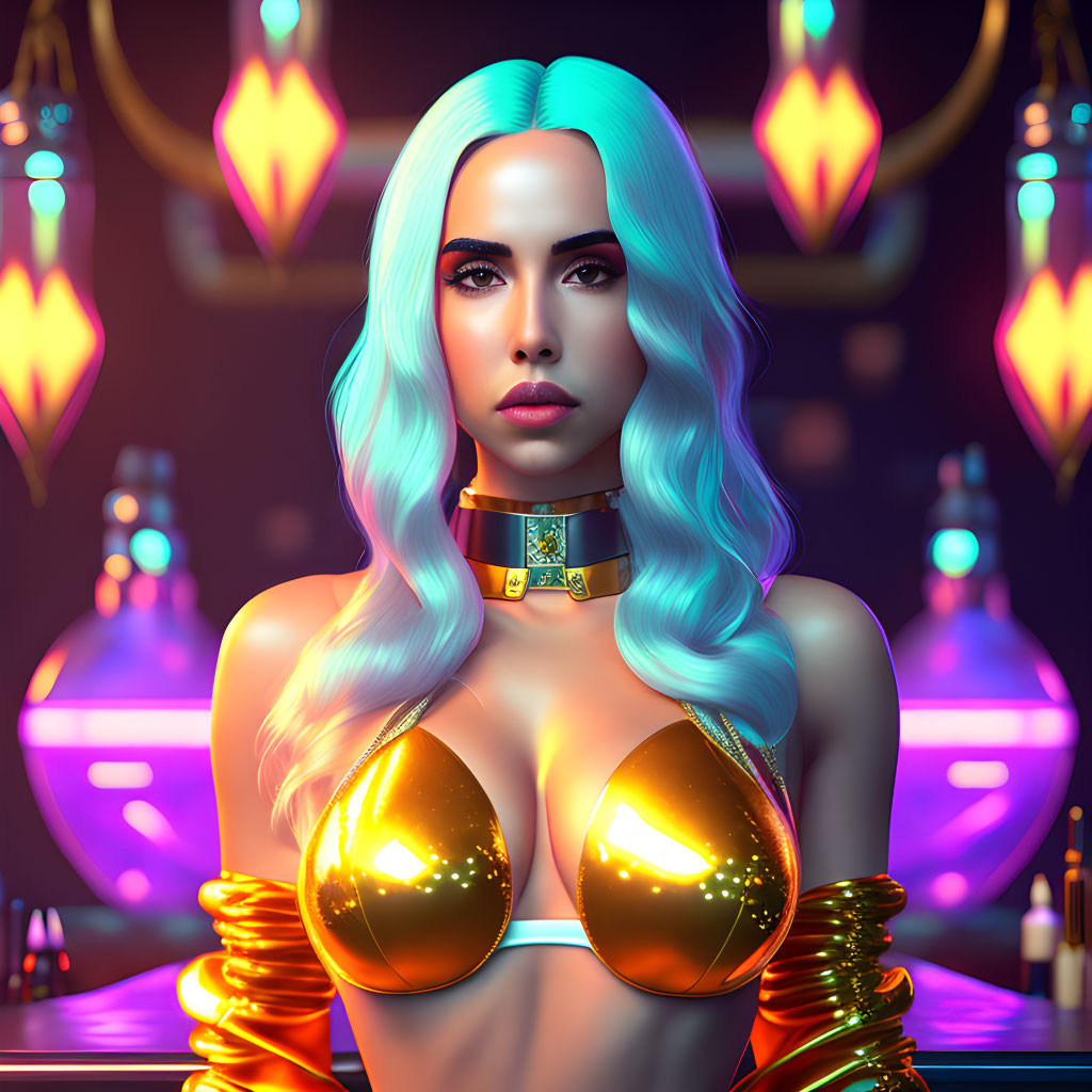 Digital artwork of woman with white-blue hair in golden attire in bar setting with neon lights & potion fl