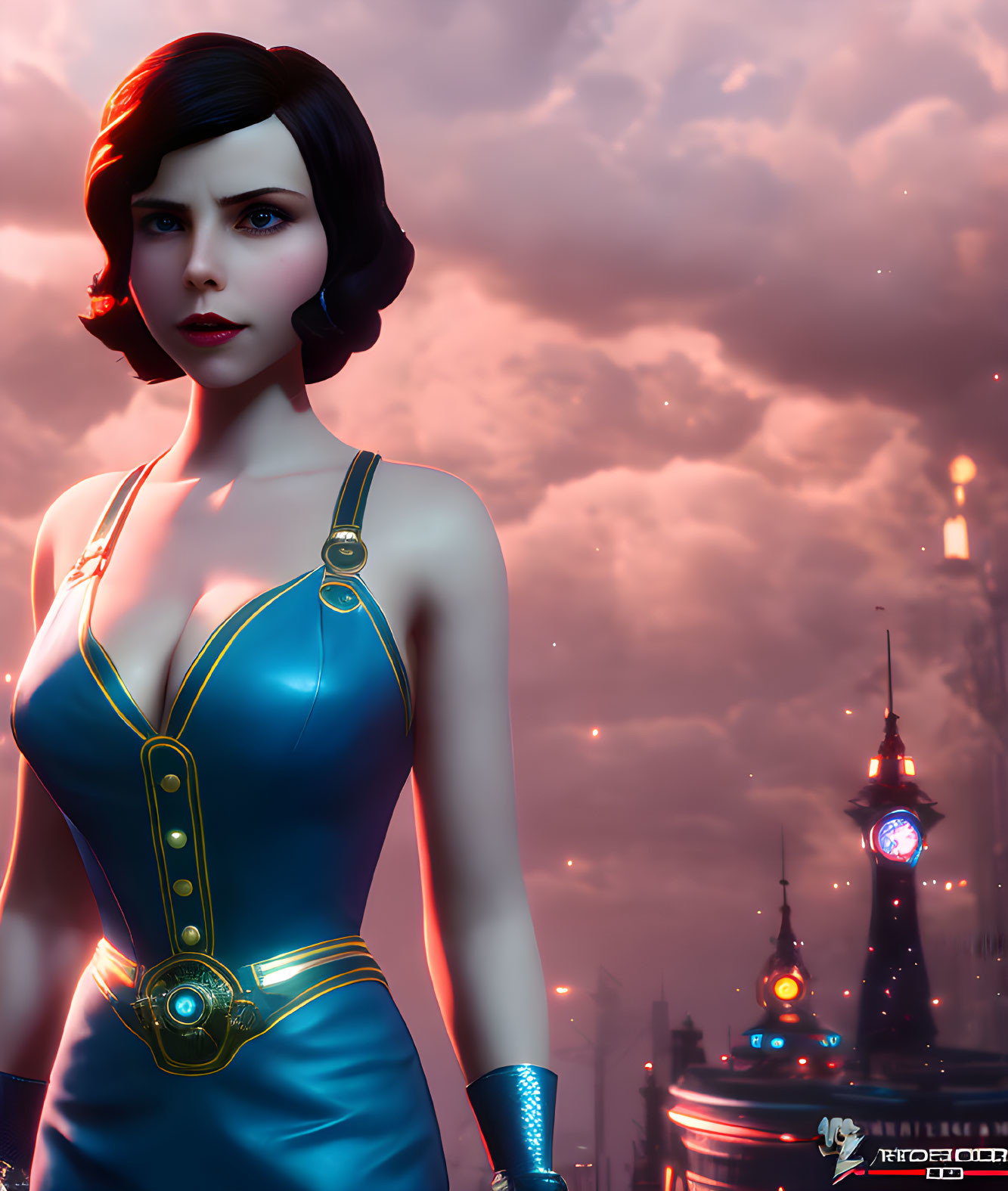 Stylized animated woman with short black hair in blue dress on futuristic cityscape.