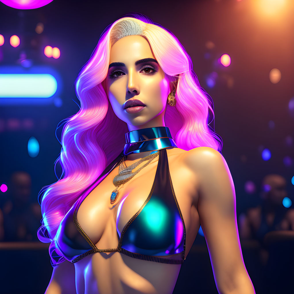 Futuristic digital portrait of woman with pink hair in club setting