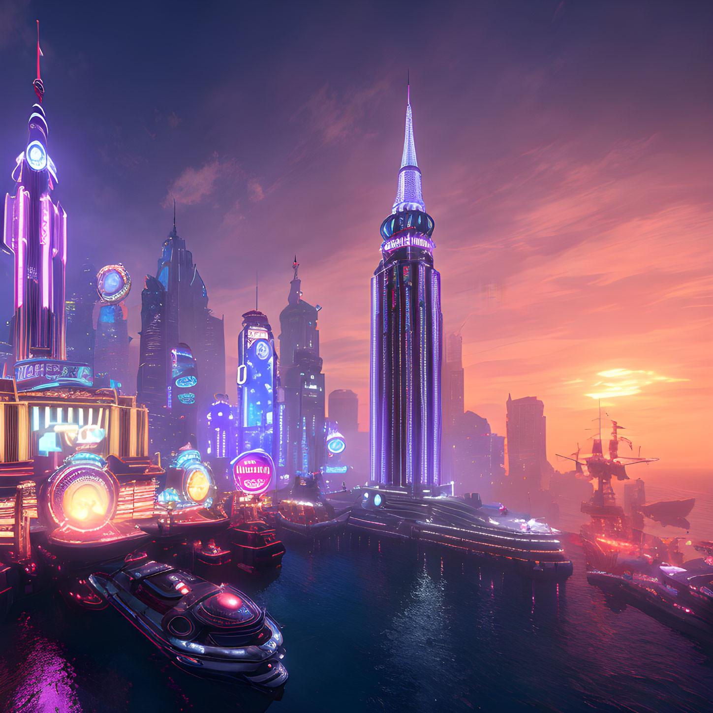 Neon-lit skyscrapers in futuristic cityscape at sunset