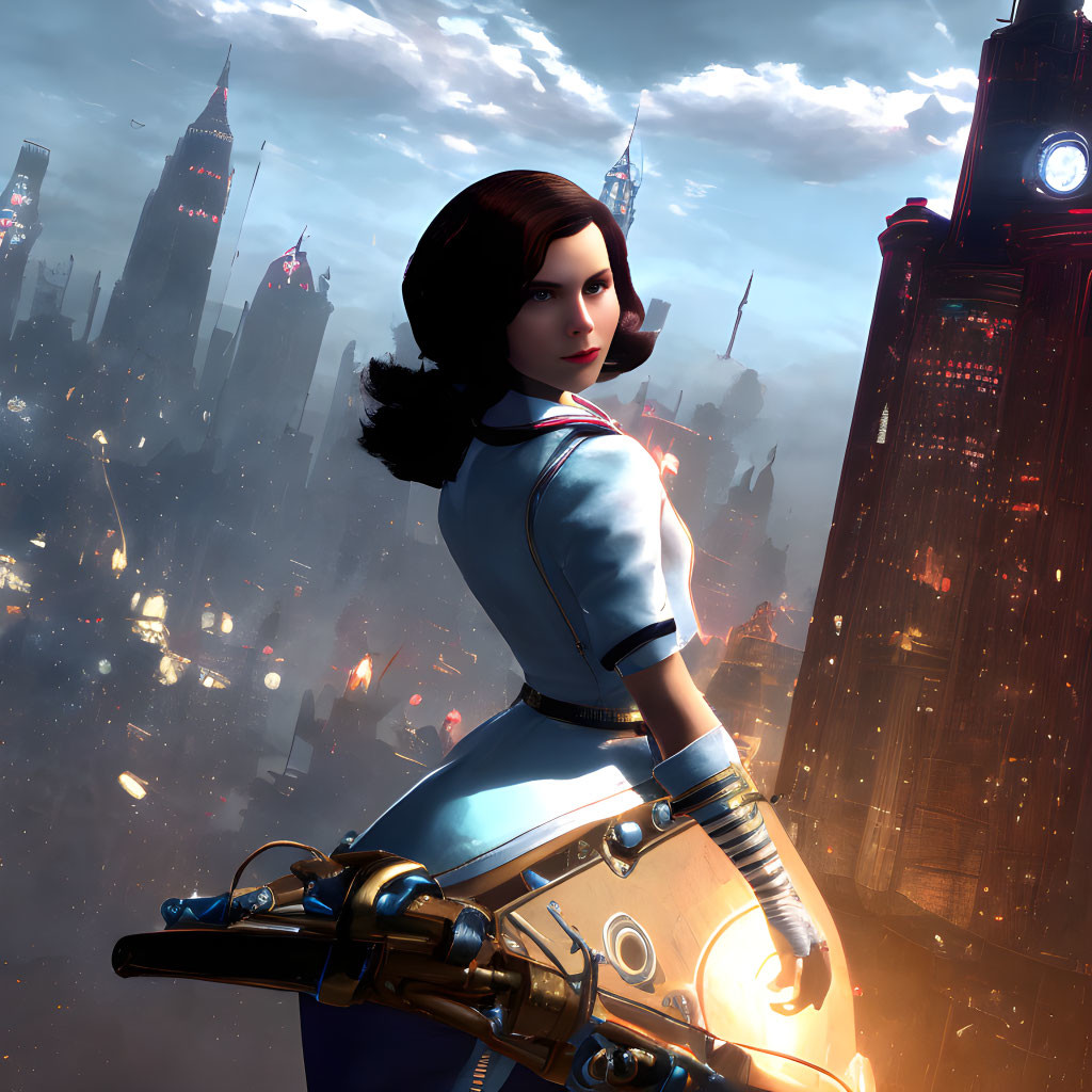 Digital artwork of female character with skyhook device in dystopian cityscape at dusk