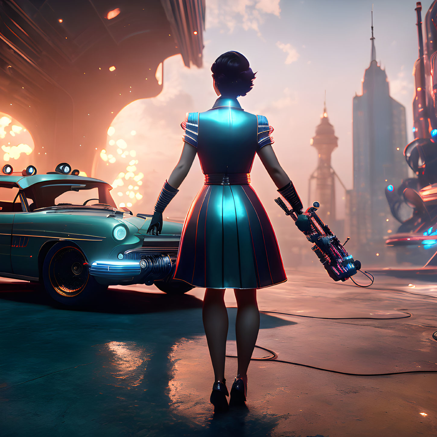 Futuristic city scene with woman holding glowing weapon by vintage car