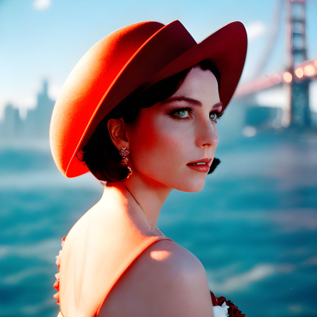 Sophisticated woman in red hat and earrings with city skyline and bridge.