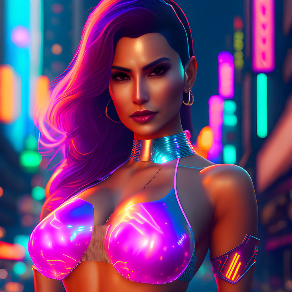 Glowing futuristic woman with purple hair in neon cityscape.