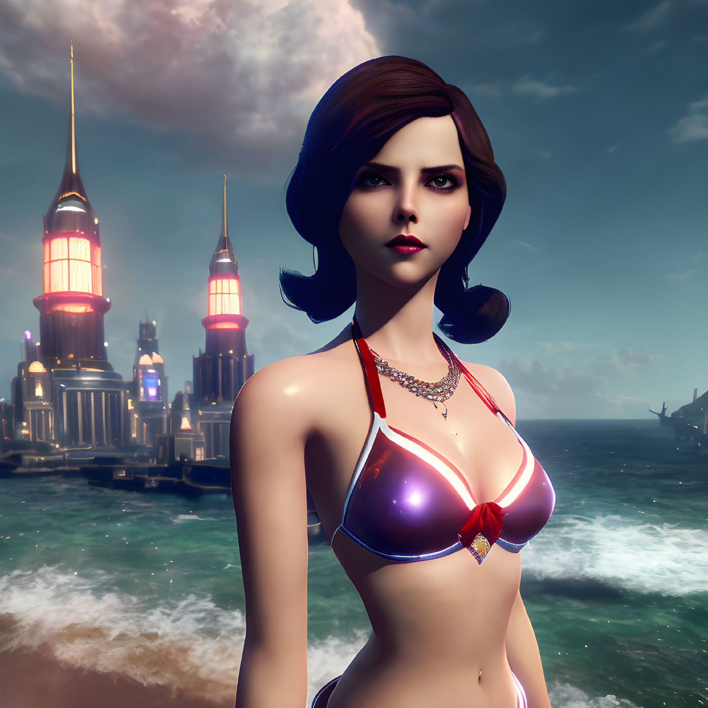 3D Rendered Female Character in Purple Bikini with Short Brown Hair in Fantastical Cityscape