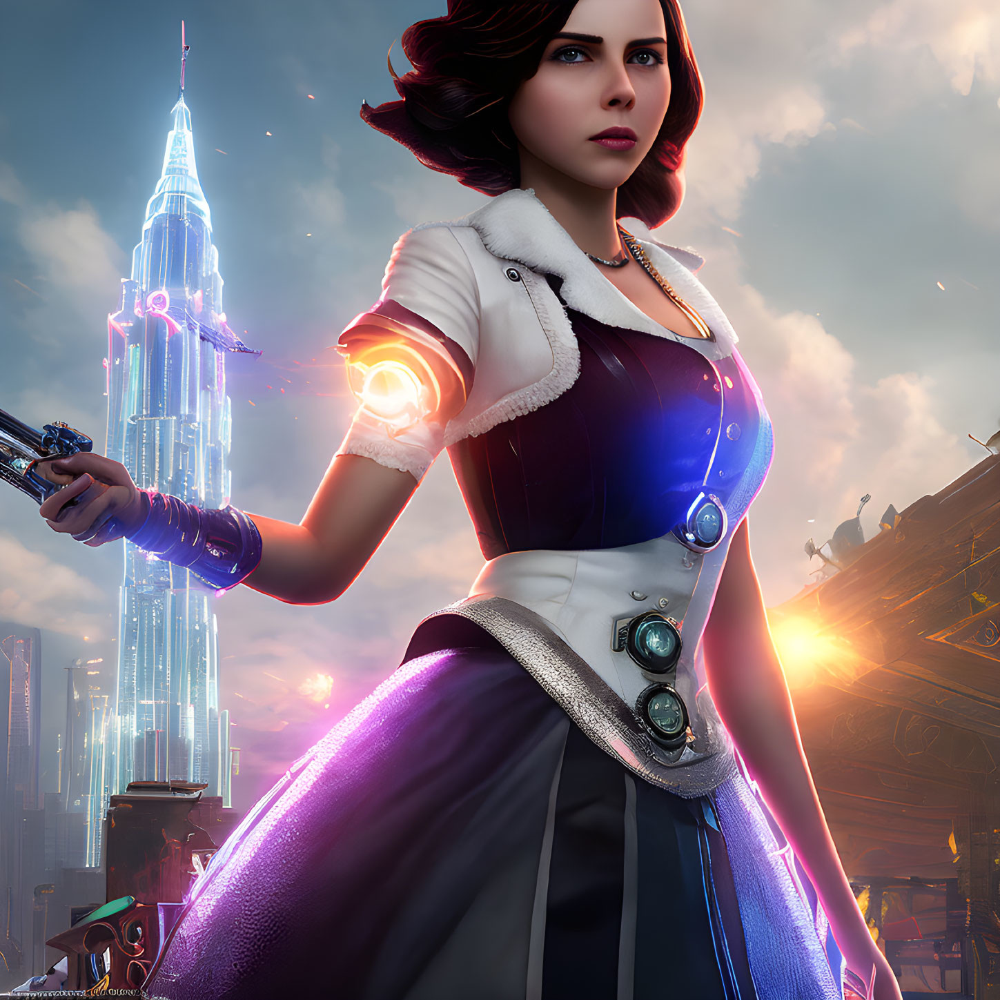 Futuristic digital art: Woman in white coat with glowing weapon in city