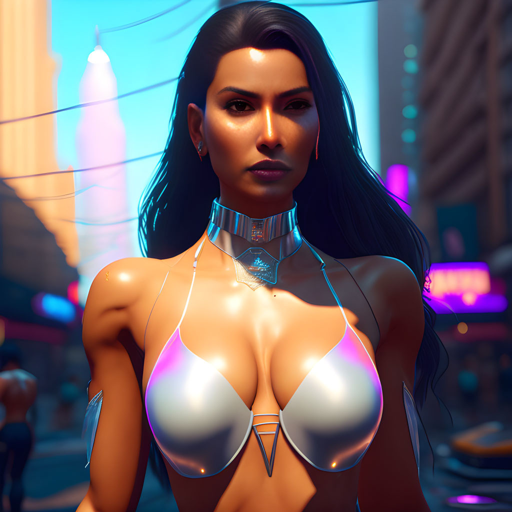 Digital artwork: Woman in futuristic attire in neon-lit urban setting