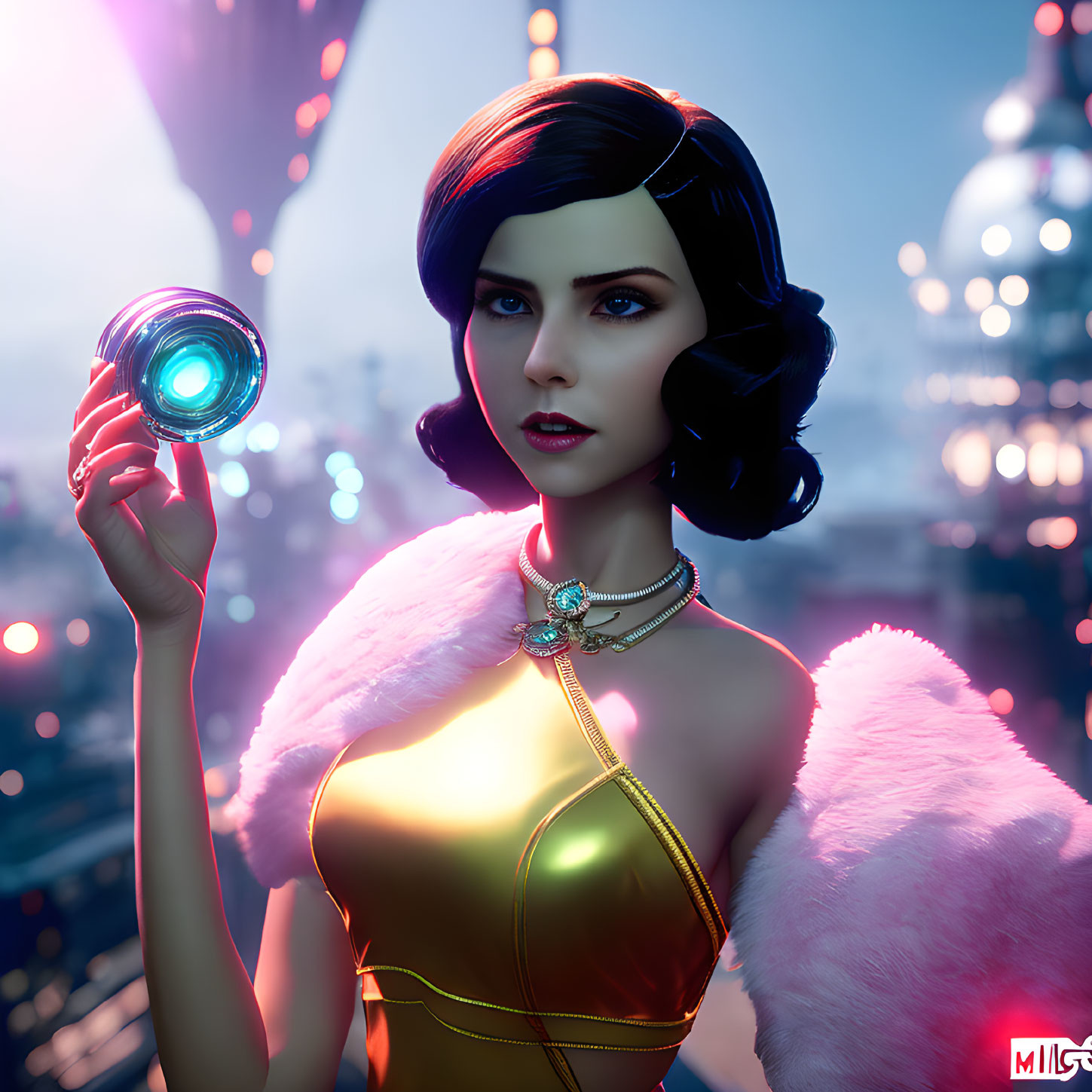 3D-rendered female character with bobbed hair holding glowing orb in golden outfit against futuristic cityscape