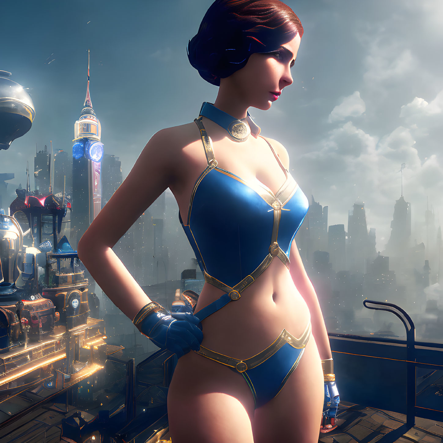 Stylized image of a woman in futuristic blue outfit with short hair.