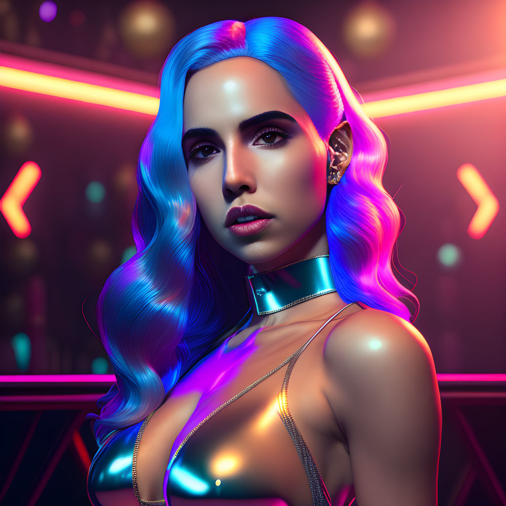 Digital artwork: Woman with blue hair, choker, glowing makeup in neon-lit club