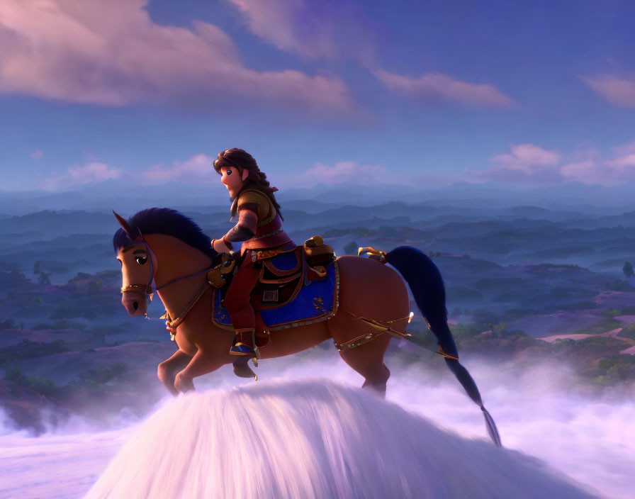 Animated character horseback riding on cloud-covered hills at purple sunset