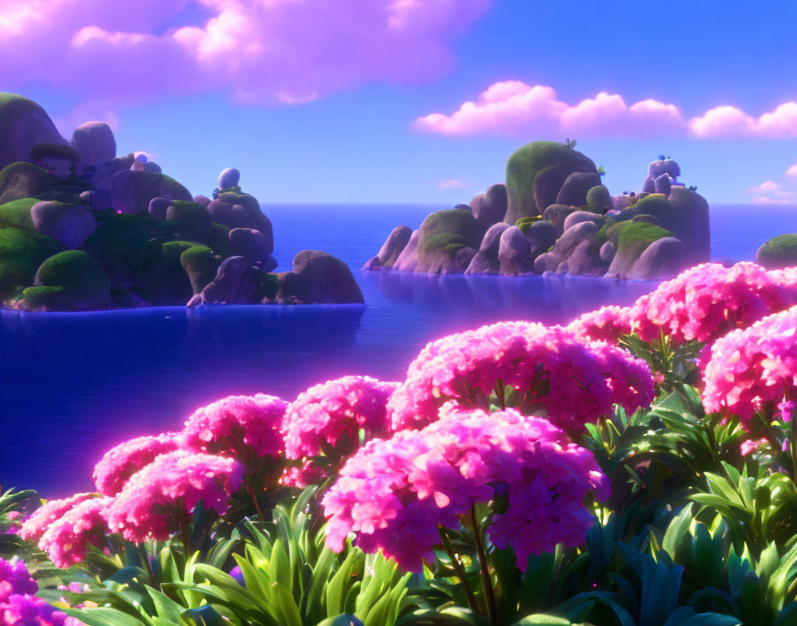 Serene landscape with pink flowers, moss-covered islets, blue ocean, and purple sky