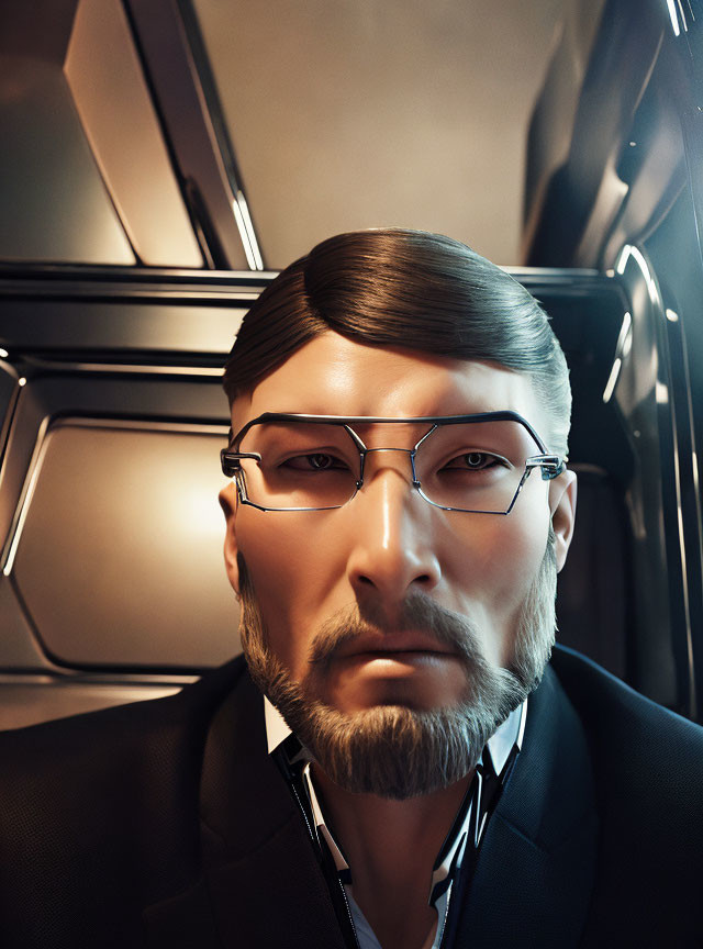 Stylized digital portrait of a man with beard and slicked-back hair in futuristic setting