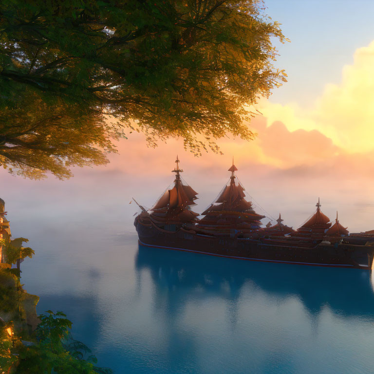 Historic tall ships in serene bay with cliffs and sunrise