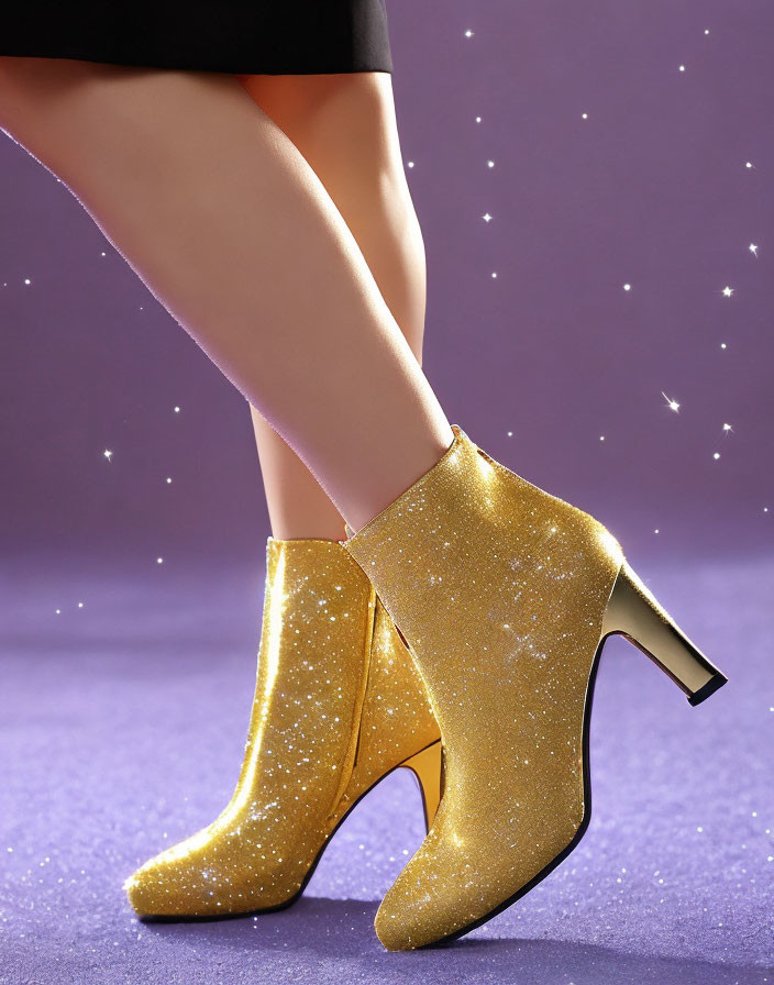 Sparkling Gold Ankle Boots on Purple Glitter Background