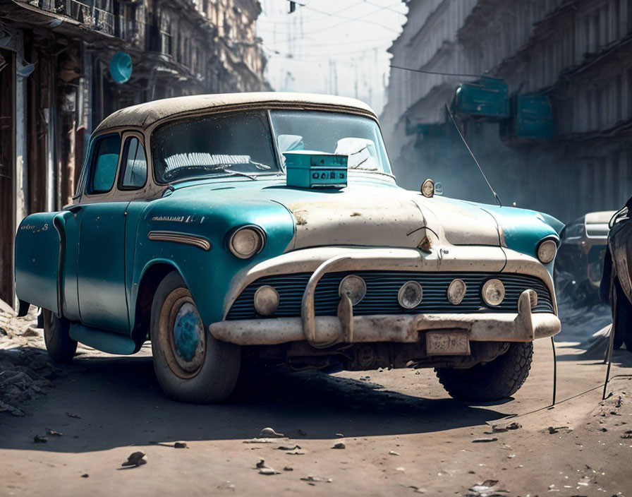 Vintage Teal Car with White Roof and Chrome Grille on Dusty Street