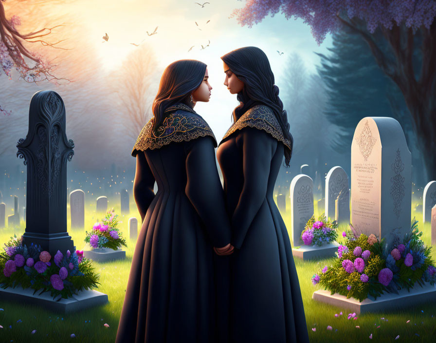 Two women in black cloaks in peaceful cemetery at dusk