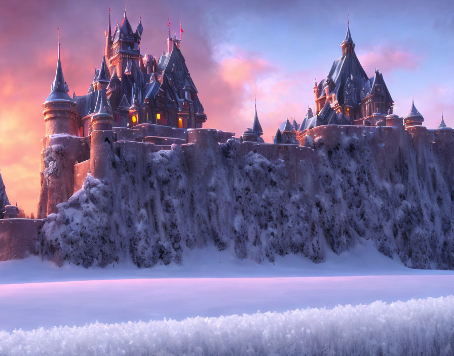 Majestic castle with spires on snowy cliff at sunset