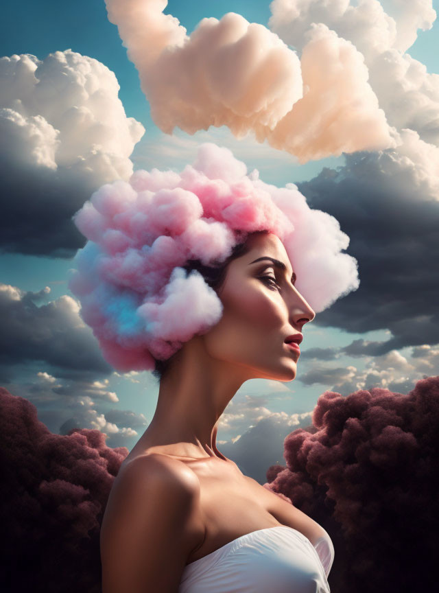 Colorful Cloud-Like Hair Woman in Dreamy Sky