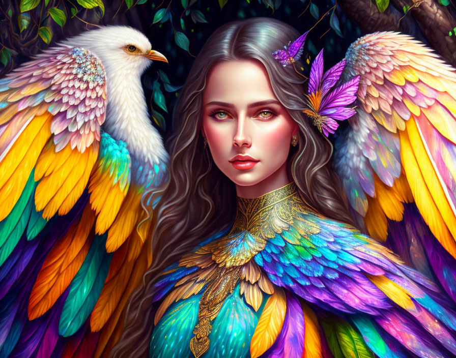 Colorful woman with feathered wings and white eagle in vibrant nature scene