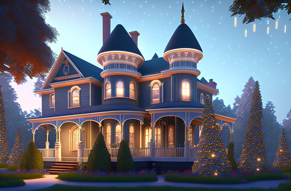 Victorian-style house with blue siding, white trim, round towers, wraparound porch, evening lighting