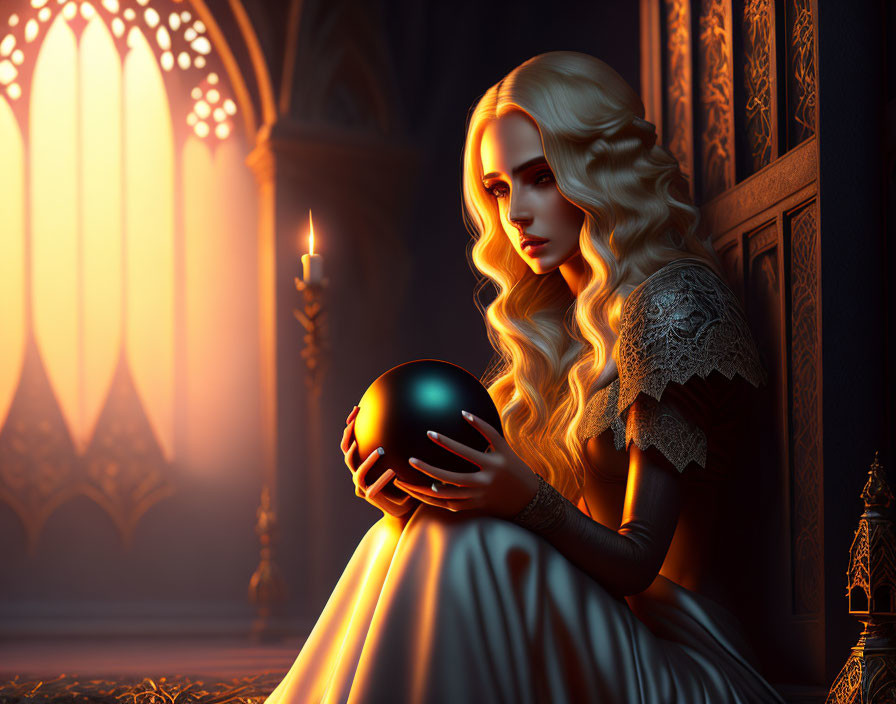 Blonde woman in medieval gown gazes at black orb in candlelit room