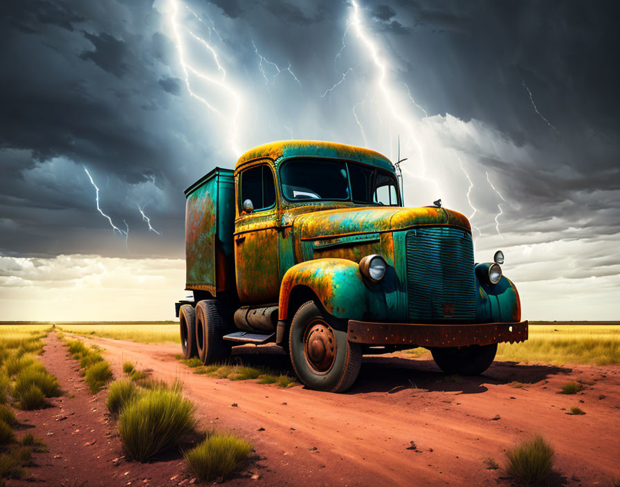 Rusted vintage truck on desert road during lightning storm