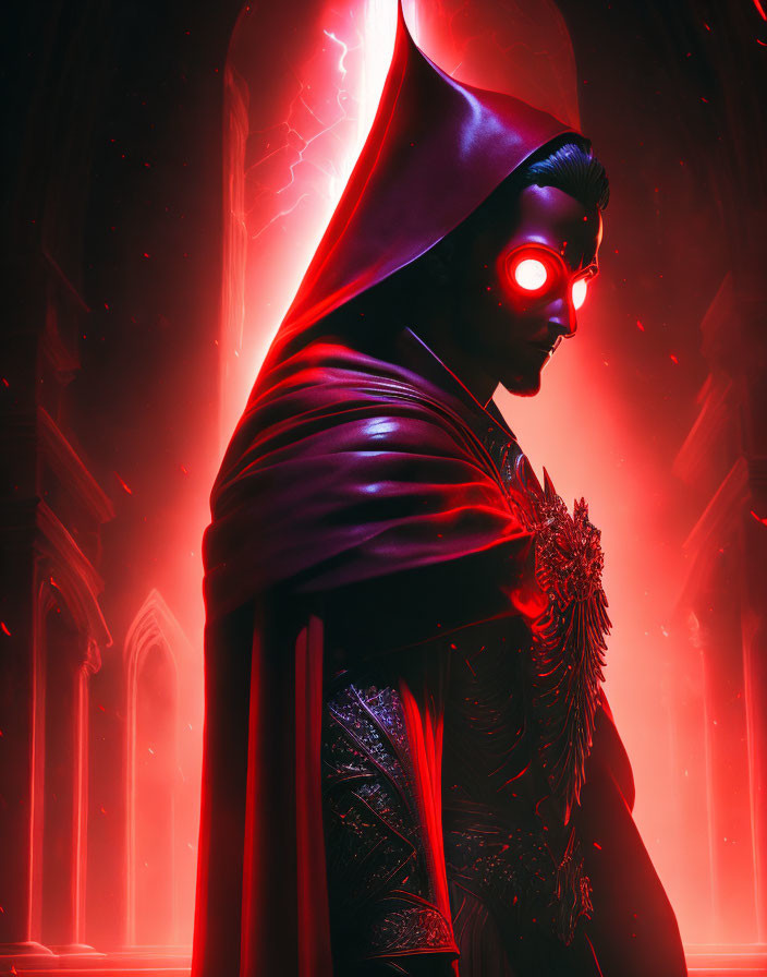 Mysterious Figure in Red Robes with Glowing Eyes in Dark Gothic Hall