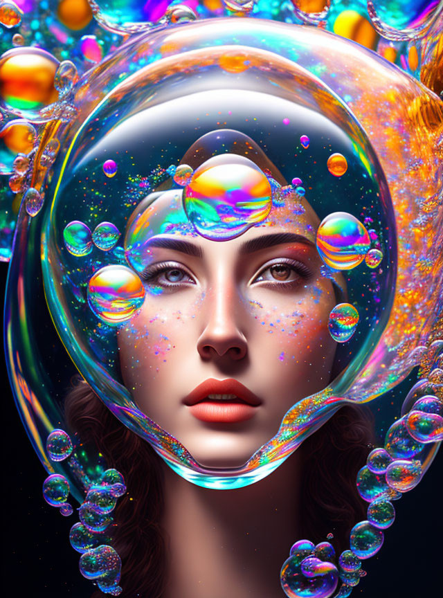 Surreal portrait of woman in translucent bubble with iridescent bubbles and vibrant colors