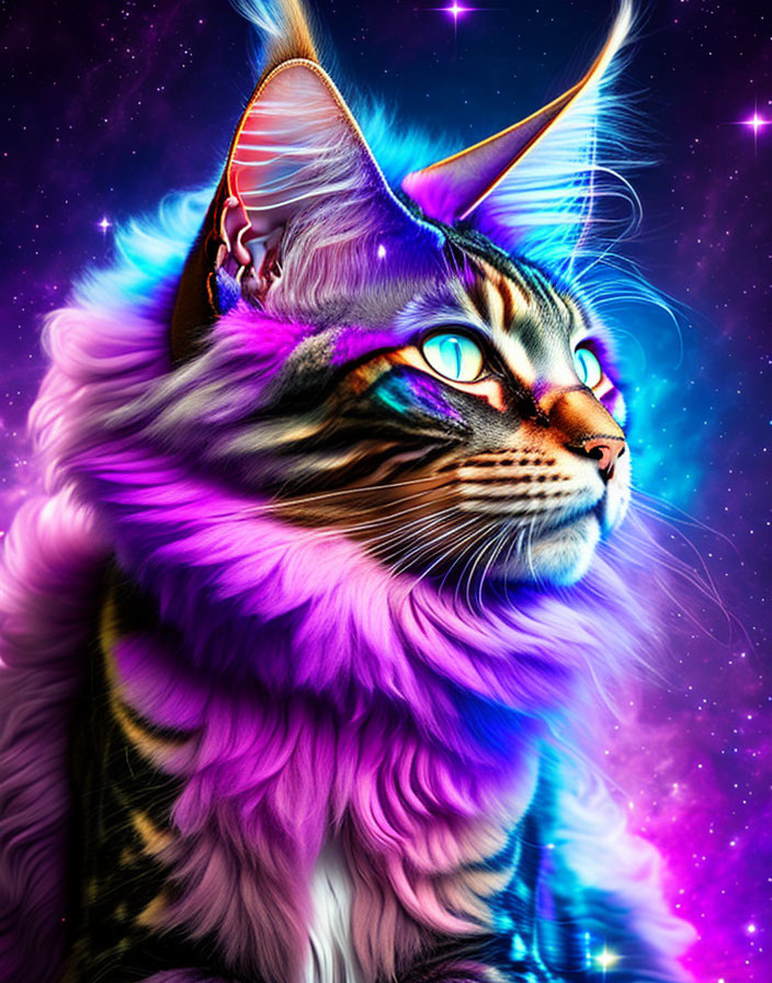 Vibrant Purple Cat Artwork with Celestial Motifs