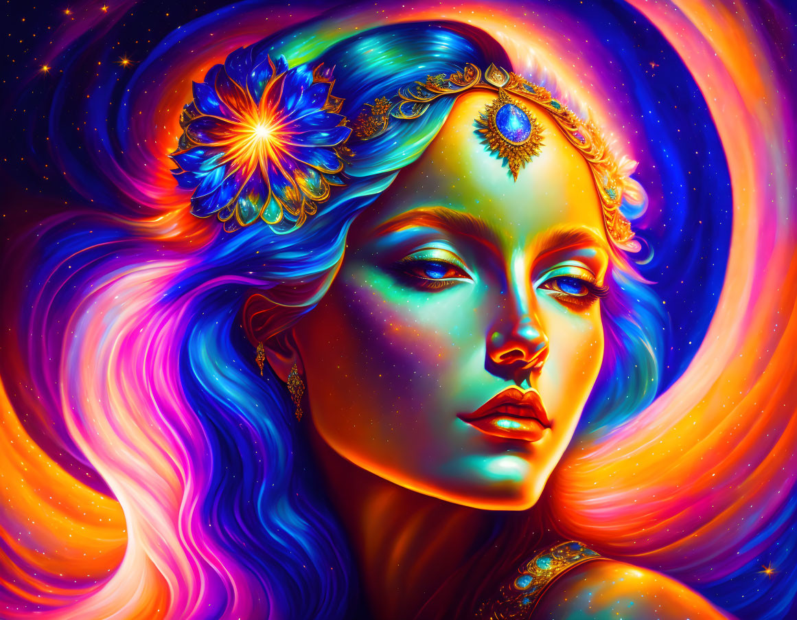 Colorful psychedelic portrait of a woman with flowing hair and cosmic background