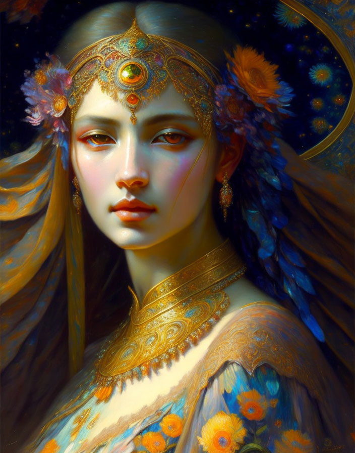 Mystical woman portrait with golden skin and ornate accessories