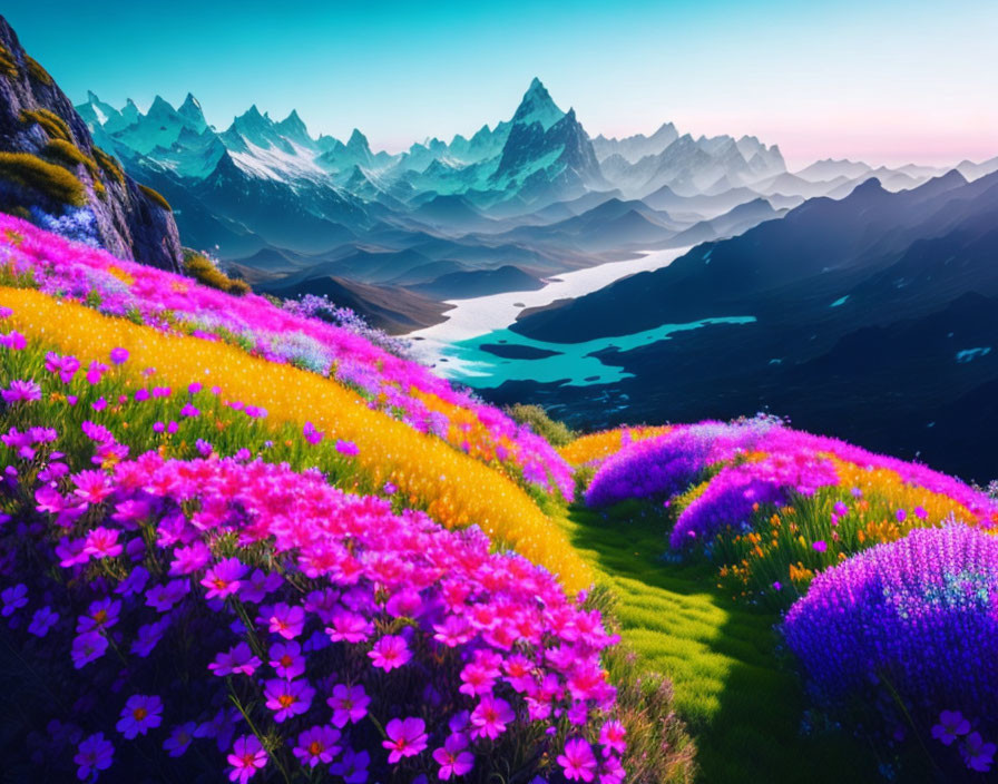 Colorful Wildflower Carpet on Rolling Hills with Mountain Range and River