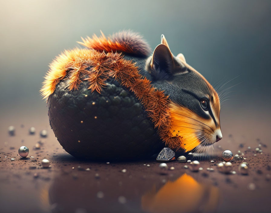 Surreal cat-chestnut fusion with water droplets on soft-focus backdrop