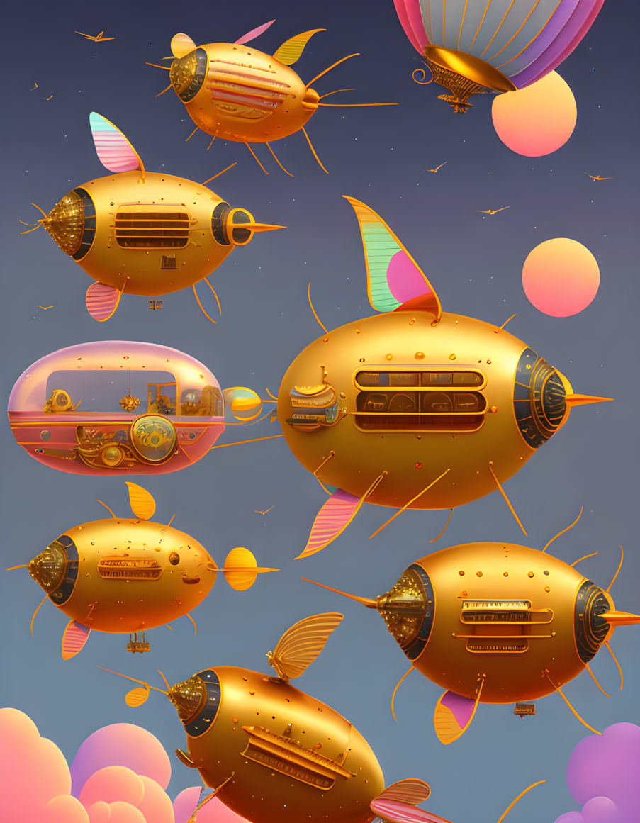 Whimsical retro-futuristic airships in sunset sky