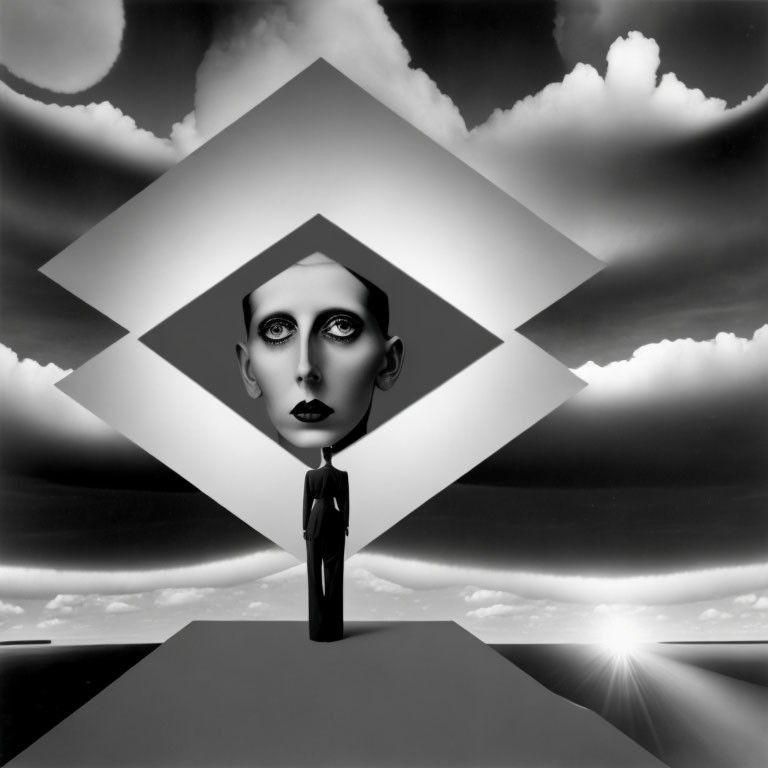 Surreal black and white portrait split across geometric shapes in cloudy sky setting