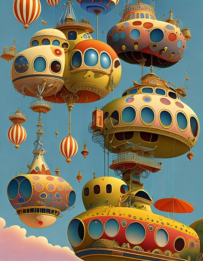 Whimsical colorful airships floating in blue sky