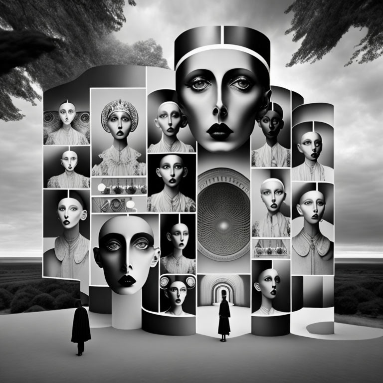 Surreal black and white image of woman and fragmented head