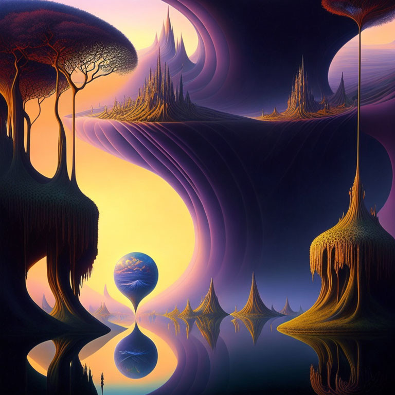 Surreal landscape with tree-like structures and purple terrain