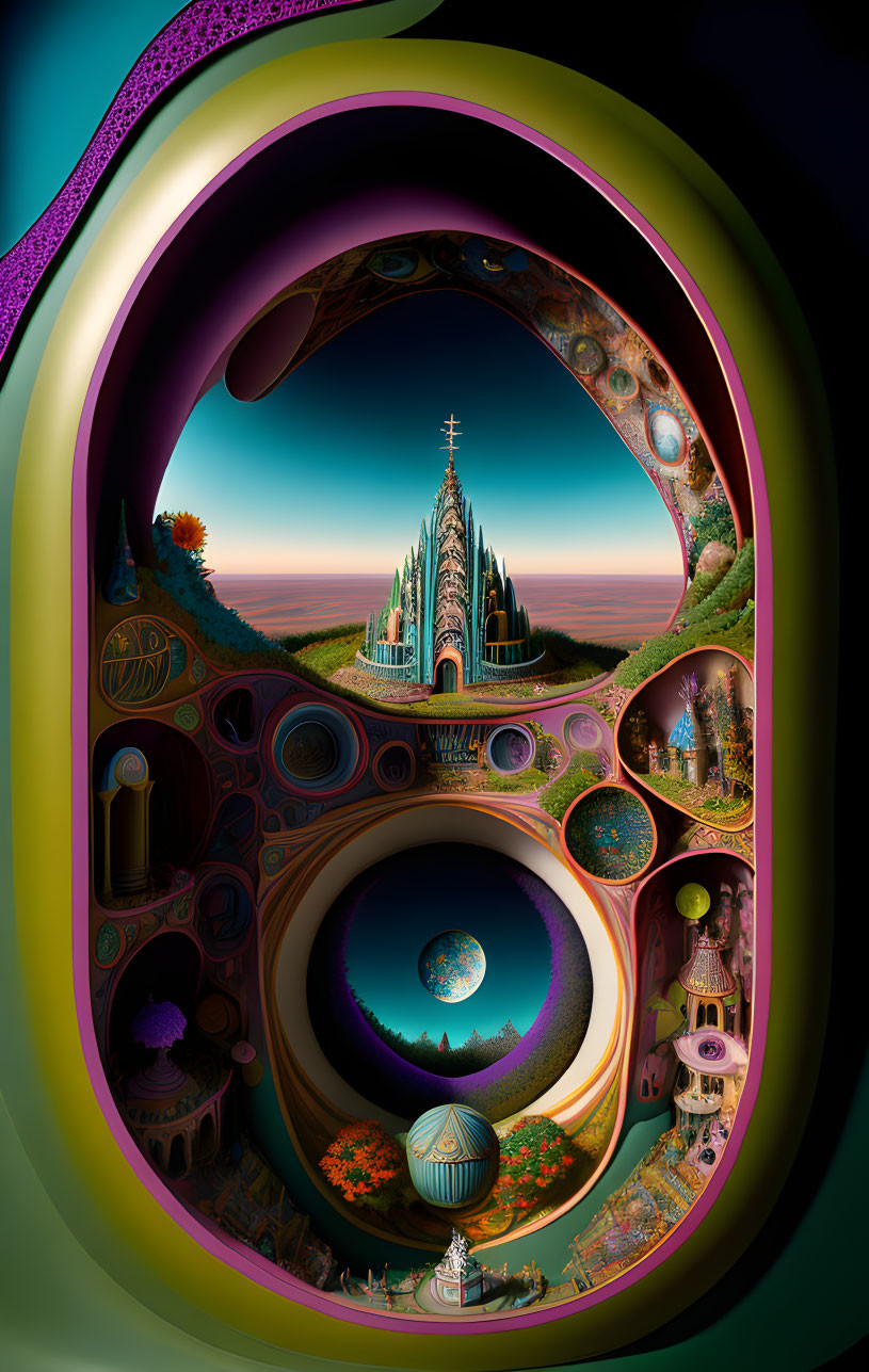 Abstract Digital Art: Surreal Dali-Inspired Landscape with Colorful Frame and Floating Orbs