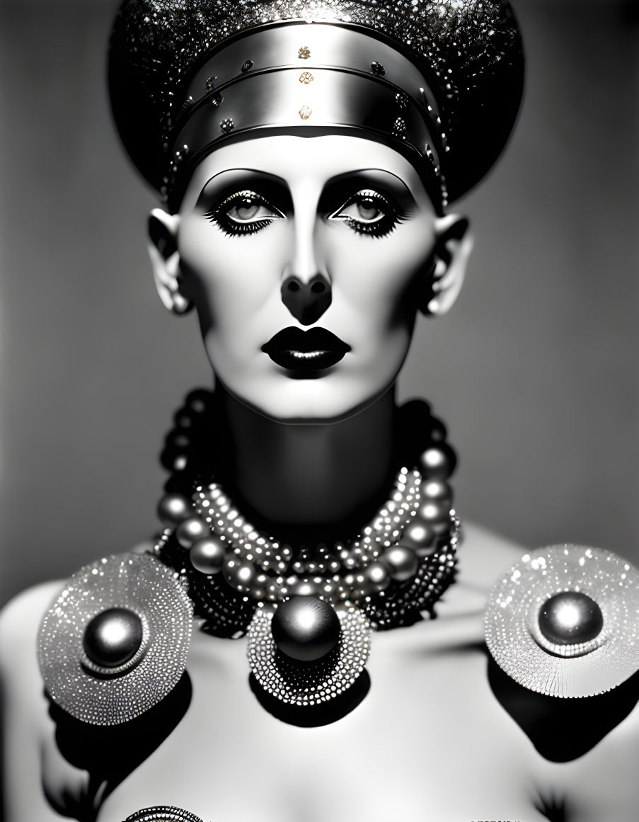 Monochromatic image: Person with dramatic makeup and futuristic accessories